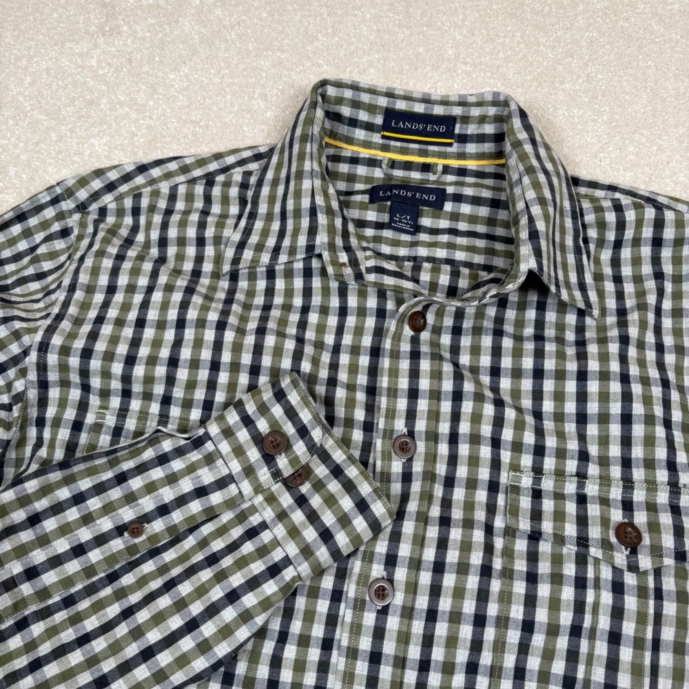 Lands End Mens Olive Green Gingham Check Long Sleeve Button Down Shirt L Tall